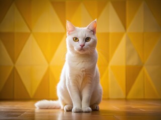 Cute White Cat Portrait: Low Light Yellow Geometric Background