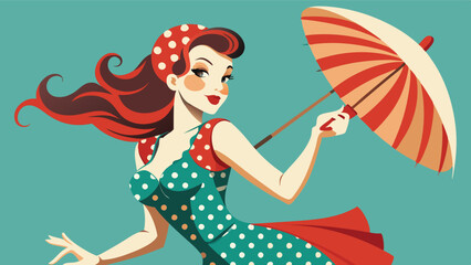 Vintage vector illustration of a stylish woman dancing with a parasol in a playful polka dot dress set against a bright teal background