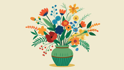 Colorful floral arrangement in a decorative vase featuring various blossoms and greenery set against a light background for a vibrant, cheerful display