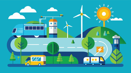 Vector illustration depicting a modern sustainable city with renewable energy sources, including wind turbines and public transport options