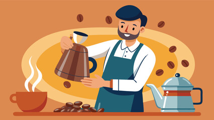Barista pouring coffee from a traditional kettle into a steaming cup with coffee beans and a brewing jar in a cozy cafe setting