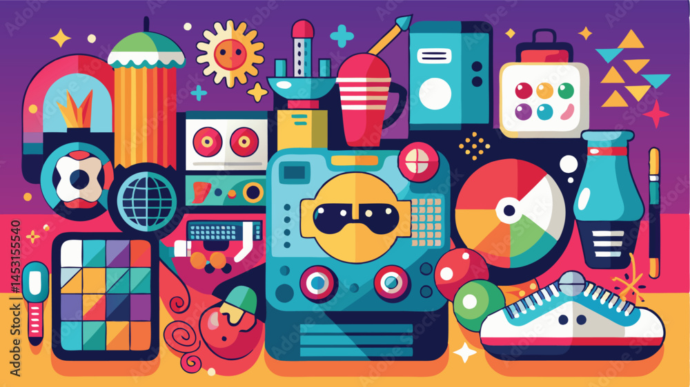 Poster Colorful vector illustration featuring fun and playful elements including food, beverages, and various assorted objects in a vibrant design setting