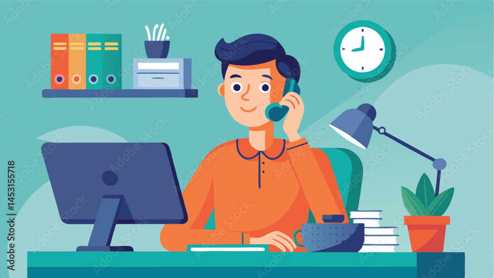Poster person working at a desk in a modern home office, engaging in a phone conversation while surrounded 