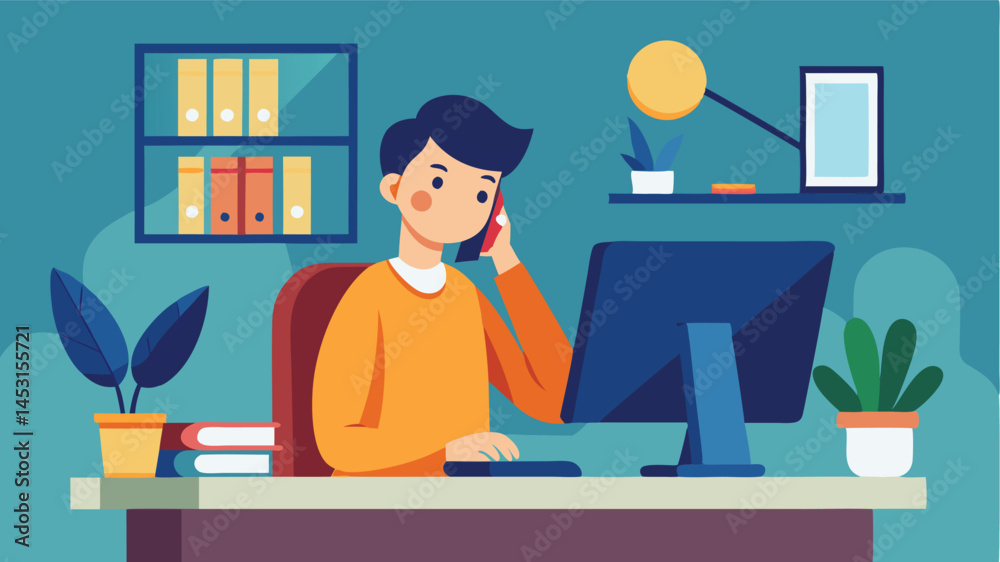 Poster person working at a desk in a modern home office, engaging in a phone conversation while surrounded 