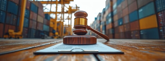 Wooden gavel on legal paperwork with docked ship and containers symbolizing maritime law and international trade

