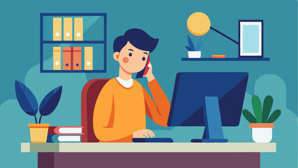 Person working at a desk in a modern home office, engaging in a phone conversation while surrounded by plants and books in a bright and inviting workspace