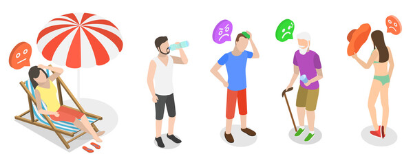 3D Isometric Flat  Illustration of Extreme Hot Weather, Individuals Experiencing Excessive Heat Conditions