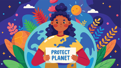 Emphasizing environmental awareness through a joyful character holding a sign for protection of the planet surrounded by lush greenery under a bright blue sky