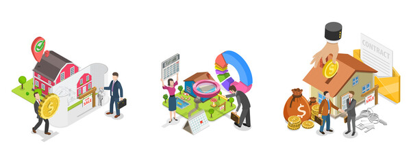 3D Isometric Flat  Illustration of Qualified Real Estate Agents, Full-service House Buying Agency