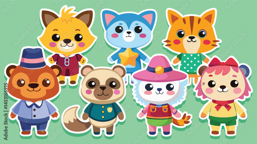 Aufkleber colorful vector illustration featuring playful cartoon animals with various outfits and expressions 