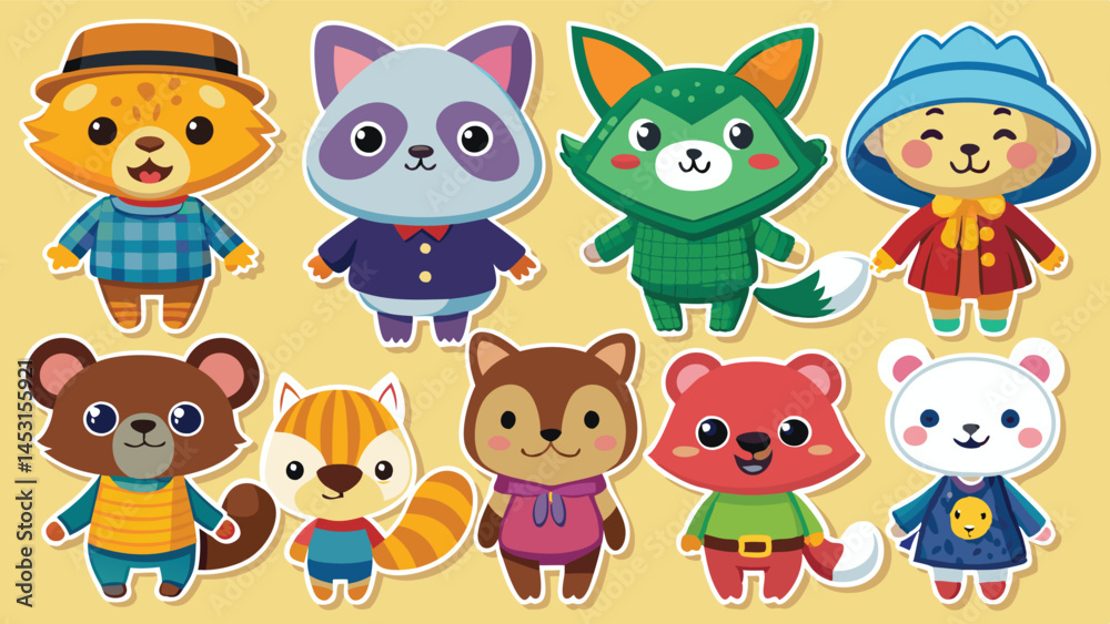 Aufkleber colorful vector illustration featuring playful cartoon animals with various outfits and expressions 