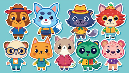 Colorful vector illustration featuring playful cartoon animals with various outfits and expressions in a cheerful setting