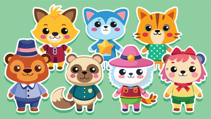Colorful vector illustration featuring playful cartoon animals with various outfits and expressions in a cheerful setting