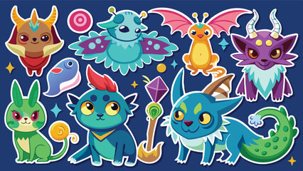 Colorful vector illustration showcasing a variety of whimsical creatures including birds, mammals, and mythical beings in a playful arrangement on a blue background