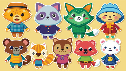 Colorful vector illustration featuring playful cartoon animals with various outfits and expressions in a cheerful setting