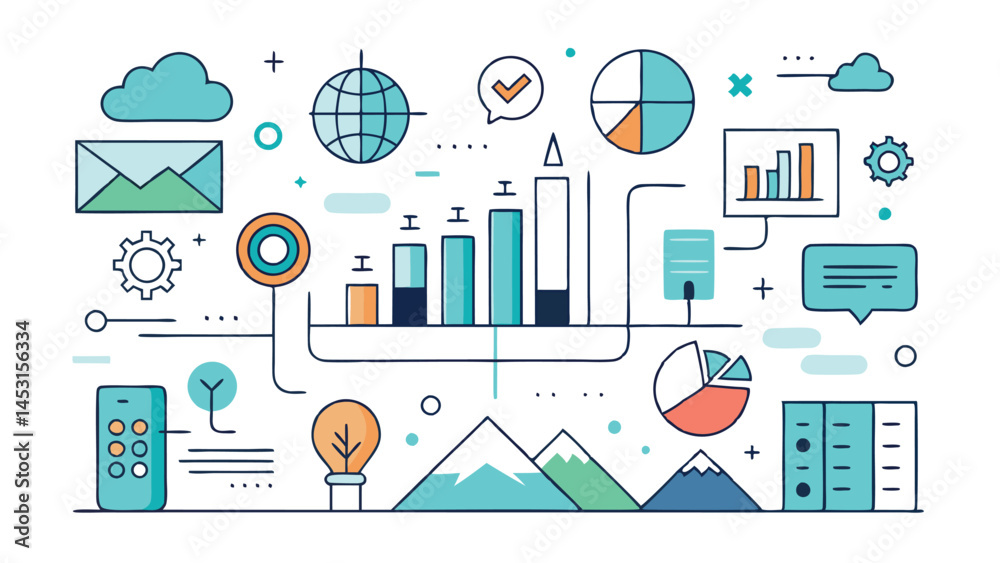 Aufkleber colorful vector illustration depicting various data analysis elements including graphs, charts, and 