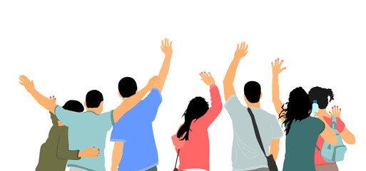 Embracing student friends waving hands vector illustration isolated. Happy boys, girls tourists hand wave saying hi to host. Send off people closeness. Couple in love enjoy, goodbye family friends.
