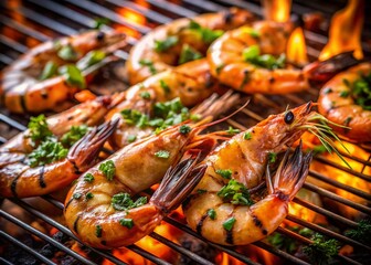 Delicious Grilled Shrimp on BBQ, Summer Seafood Feast