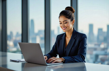 A young, professional woman with dark hair smiles confidently as she works on a laptop at a modern office desk with a stunning cityscape view.