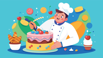Celebration of dessert skills with a baker decorating a colorful cake in a vibrant bakery filled with sweet treats and cheerful decorations