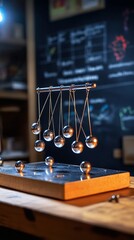 Newton's cradle in motion, on wooden base