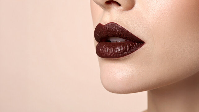 A close-up of a person&rsquo;s lips showcases deep matte lipstick in a rich hue. The soft lighting highlights the smooth skin and defined lip shape against a neutral backdrop, evoking sophistication and bea