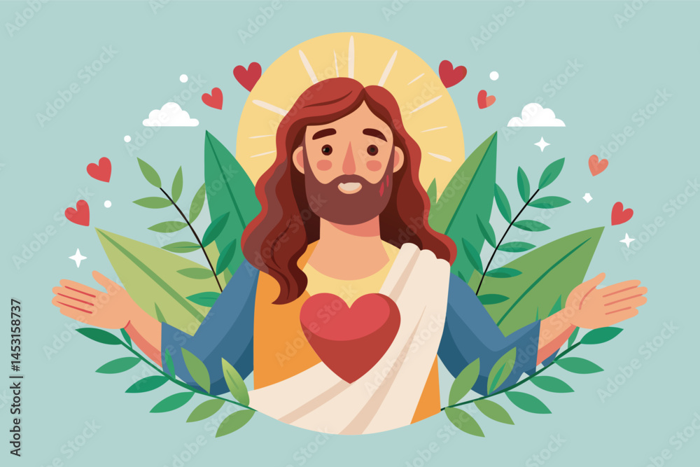 Poster vector illustration of a serene figure with open arms against a vibrant backdrop of sun and mountain