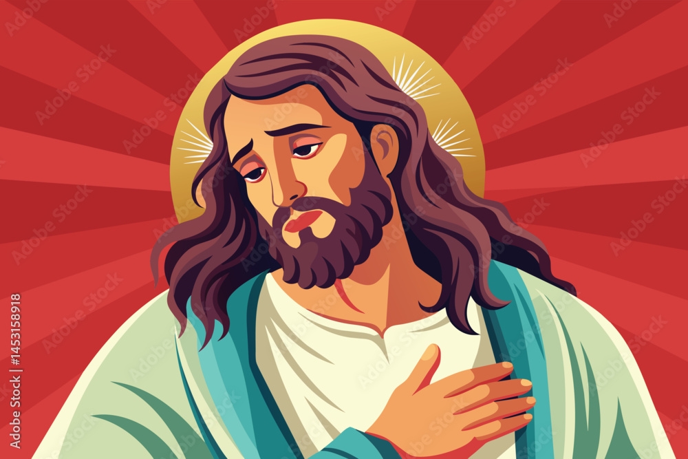Poster Vector illustration of a serene figure with open arms against a vibrant backdrop of sun and mountains, symbolizing peace and enlightenment in nature