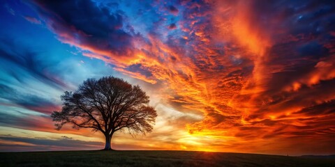 Obraz premium Double Exposure Sunset: Silhouetted Tree and Vibrant Sky - Stock Photo