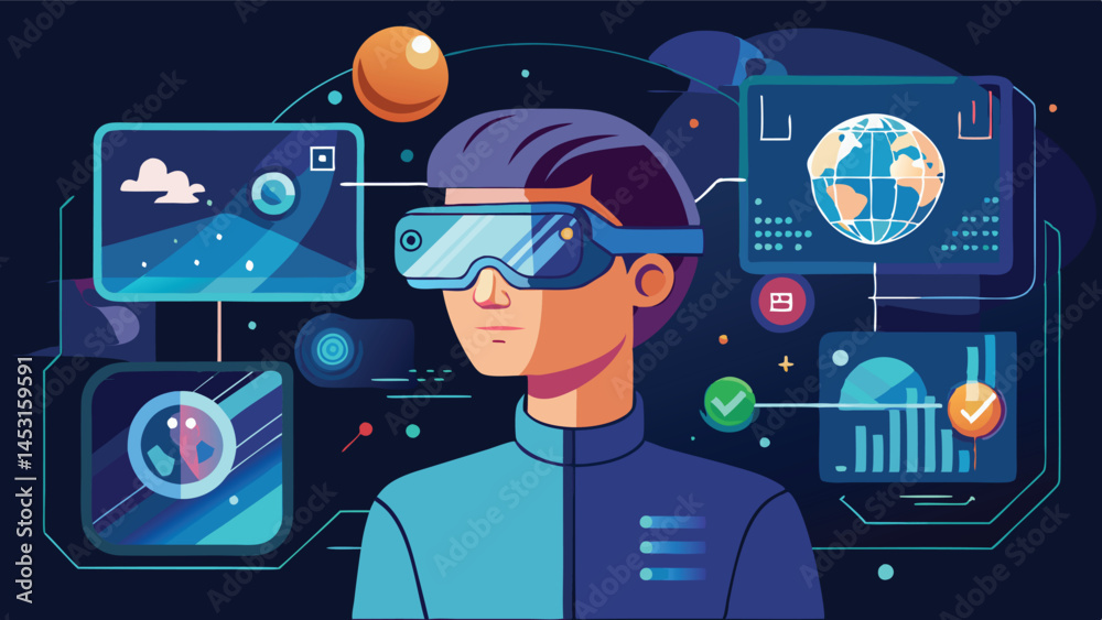 Poster Futuristic vector illustration of a person in a high-tech environment with data displays, planets, and holograms highlighting a blend of science and technology