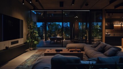 Fototapeta premium Living space designed with integrated control units for lighting and entertainment