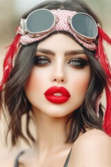 Fototapeta premium Dramatic Vintage Female Aviator in Cockpit with Retro Goggles and Bold Red Lips Capturing a Unique and Stylish Airborne Essence