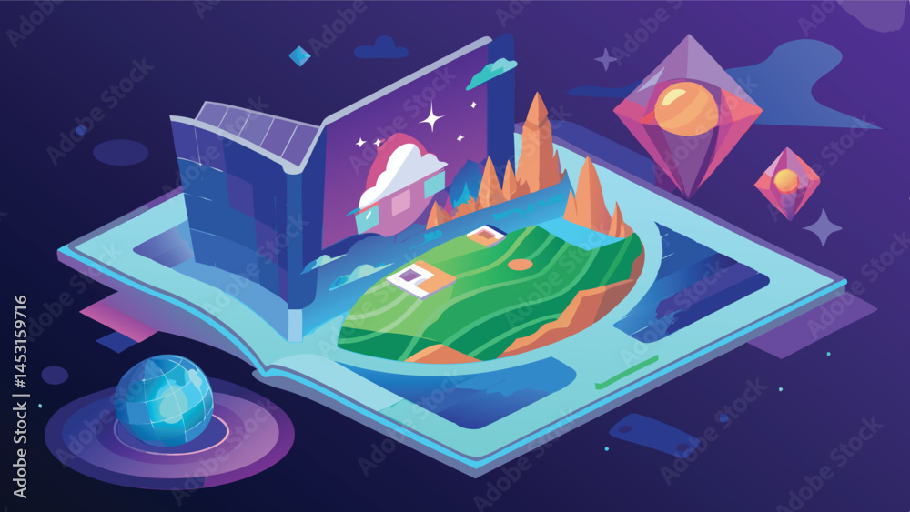 Poster vibrant vector illustration depicting a fantasy landscape with a castle, waterfall, trees, and float
