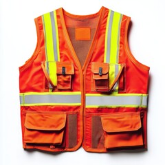 Orange safety vest with pockets and stripes isolated on white background