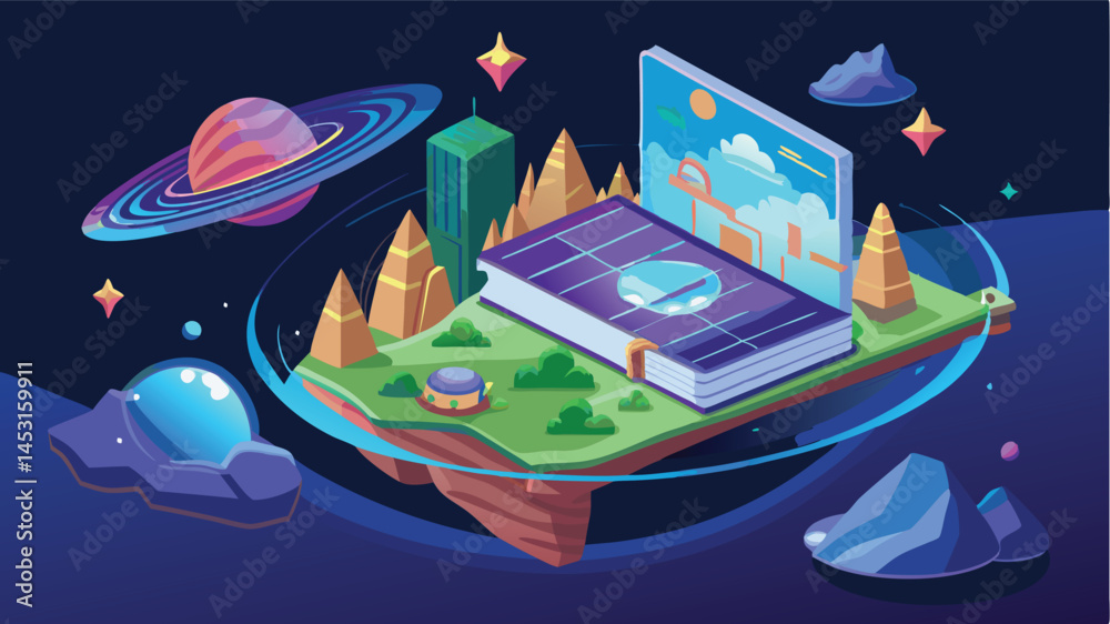 Poster vibrant vector illustration depicting a fantasy landscape with a castle, waterfall, trees, and float