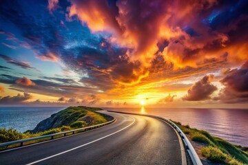 Dramatic Sunset Coastal Asphalt Road, Ocean View, Copy Space
