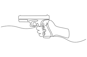 Continuous one line drawing of Hand holding gun. Single line drawing illustration of Holds a machine gun. shoot on target concept vector art. Doodle line illustration.