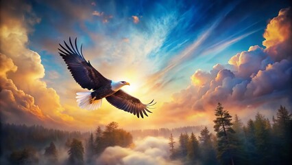 Fototapeta premium Dreamy Watercolor Landscape with Soaring Eagle - Majestic Bird in Flight
