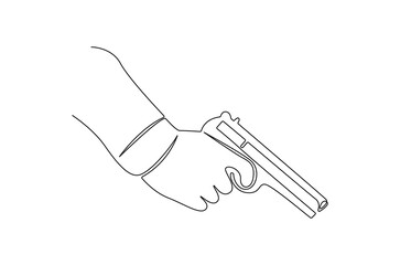 Continuous one line drawing of Hand holding gun. Single line drawing illustration of Holds a machine gun. shoot on target concept vector art. Doodle line illustration.