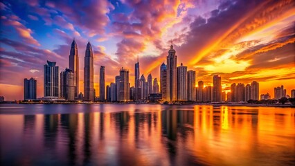 Fototapeta premium Dubai Marina Sunset Silhouette: Panoramic Cityscape View