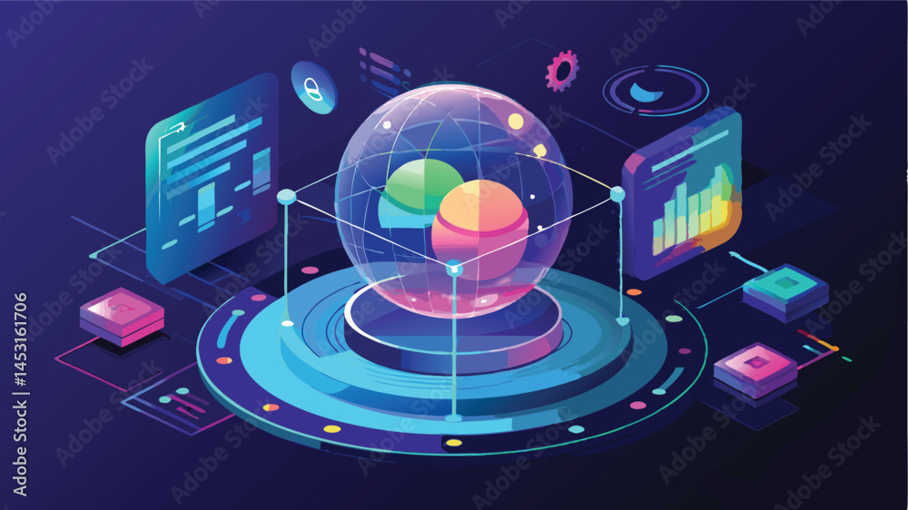 Poster Vector illustration of a digital data visualization environment featuring graphs, charts, and geometric shapes in vibrant colors and futuristic design