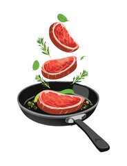 cooking steak in iron pan - vector illustration