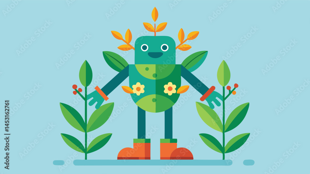 Poster colorful vector illustration of a whimsical plant character with green leaves and playful features i