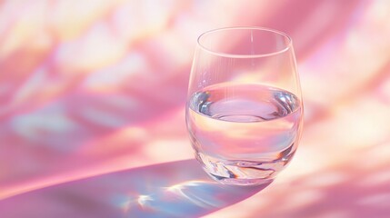 Close-up of a clear glass of water filled to the middle with reflected colors and soft pastel pink and orange background creating a calming and refreshing atmosphere