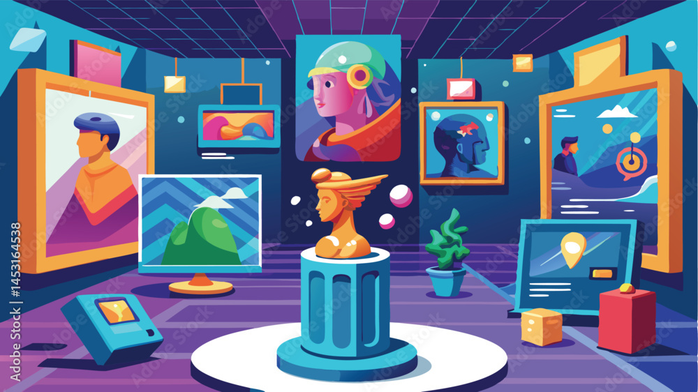 Aufkleber modern digital art gallery featuring colorful vector illustrations, showcasing landscapes and portra