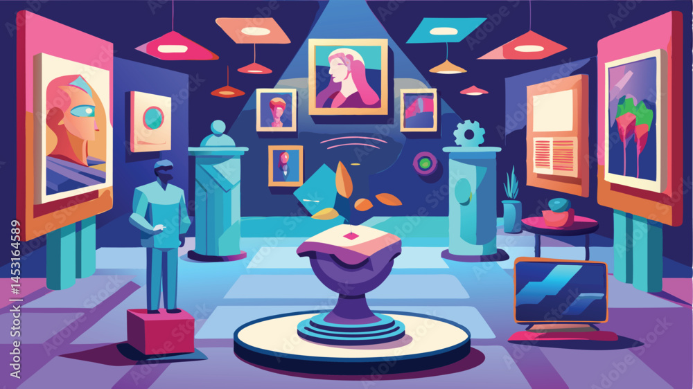 Aufkleber modern digital art gallery featuring colorful vector illustrations, showcasing landscapes and portra