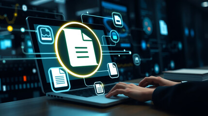 Digital data document management system (DMS), online documentation database, process automation to efficiently manage files, knowledge and documentation in enterprise. Corporate business technology.
