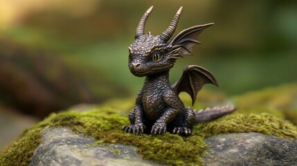 Naklejka premium Highly detailed fantasy dragon figurine with intricate scales and wings sitting on mossy rock in lush green forest setting perfect for collectible displays and imaginative decor