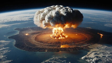 A breathtaking view of a massive nuclear explosion erupting from the planet, captured from space.