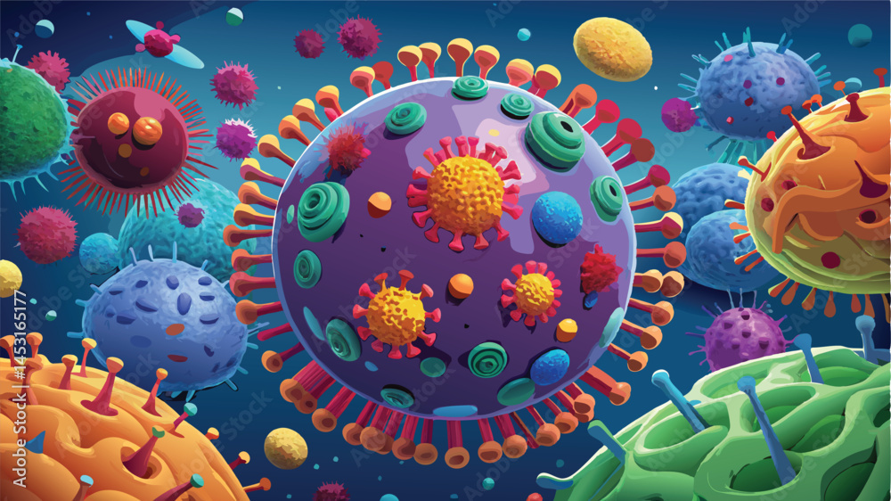 Aufkleber colorful vector illustration of viruses and bacteria floating in a microscopic world showcasing dive